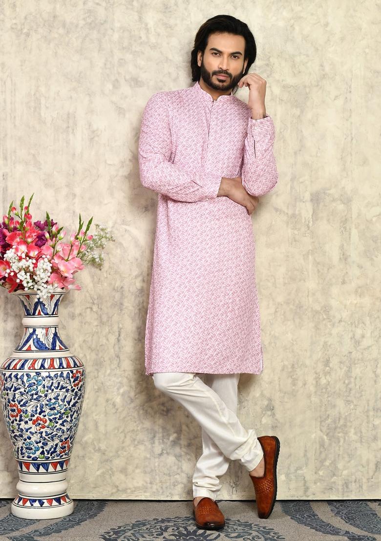 Pink Solid Cotton Kurta Set For Men