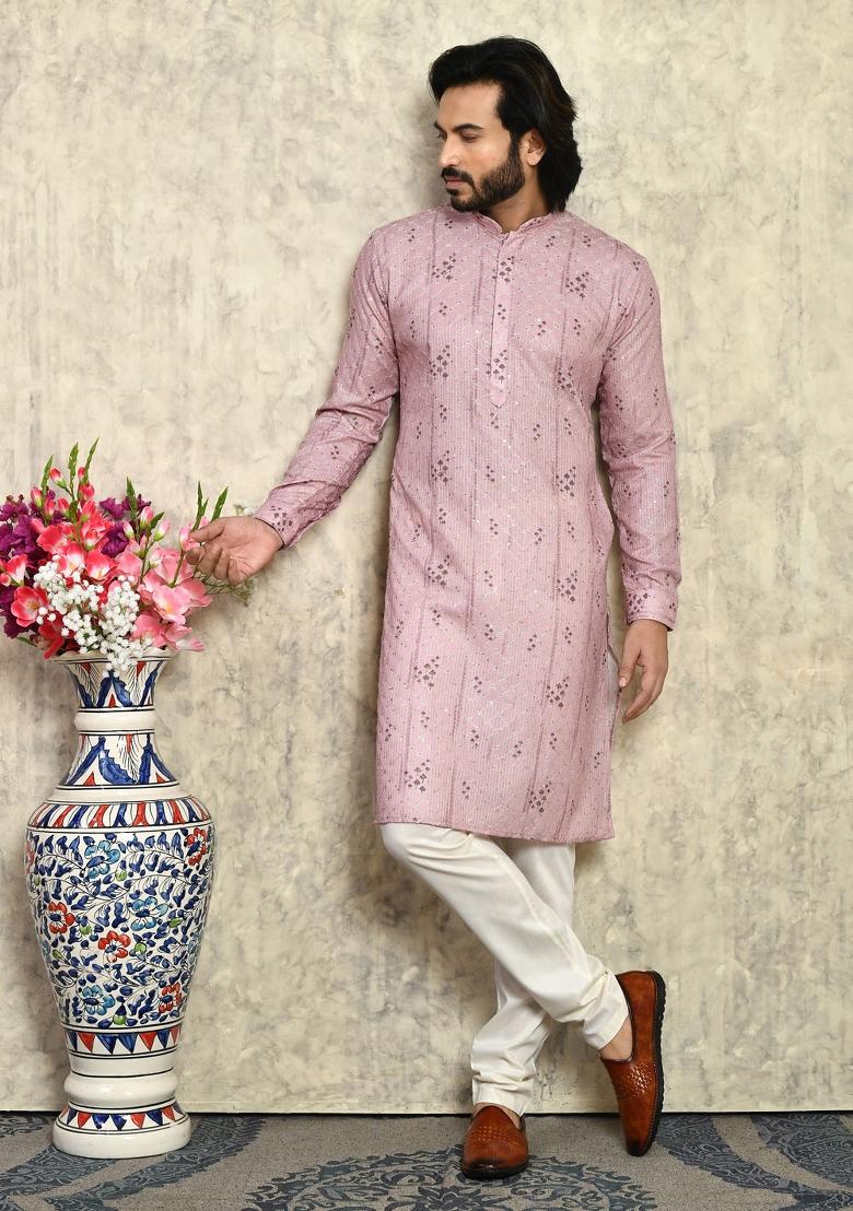 Mauve Blue Solid Cotton Kurta Set For Men