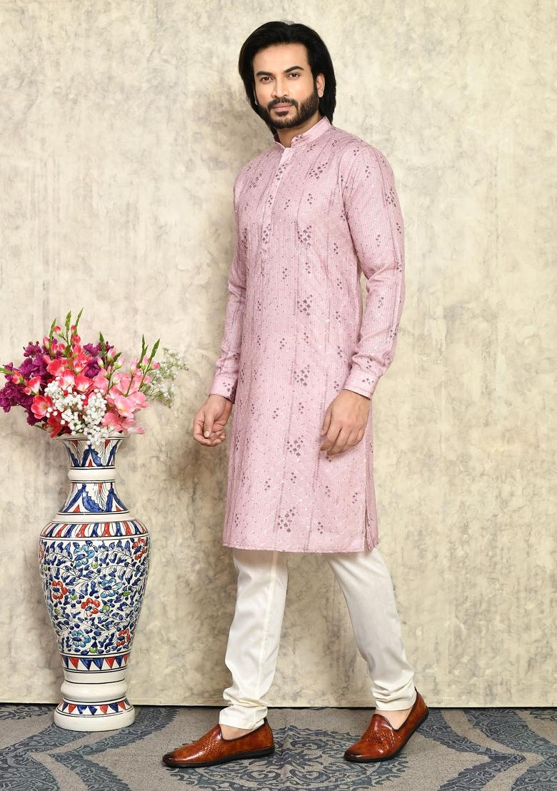 Mauve Blue Solid Cotton Kurta Set For Men