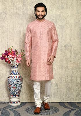 Rust Solid Silk Kurta Set For Men