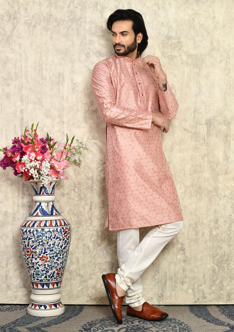Rust Solid Silk Kurta Set For Men