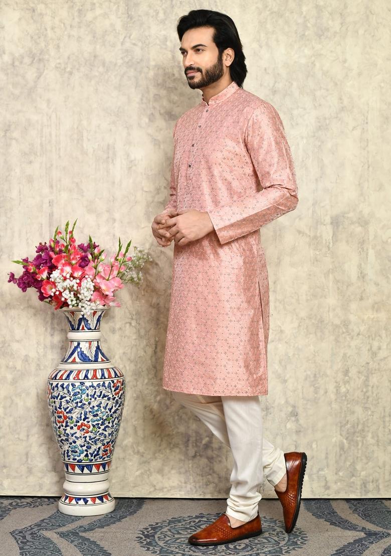 Rust Solid Silk Kurta Set For Men