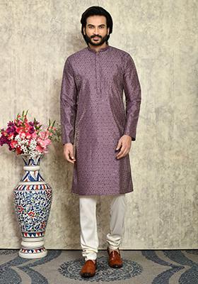 Purple Solid Silk Kurta Set For Men