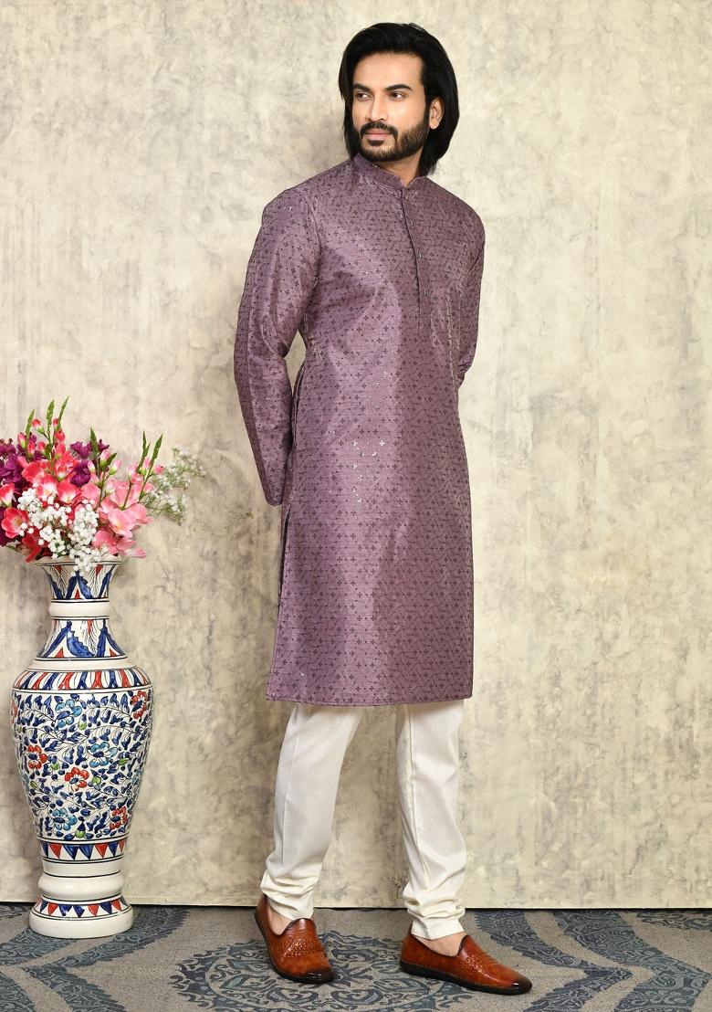 Purple Solid Silk Kurta Set For Men