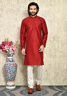 Maroon Solid Silk Kurta Set For Men