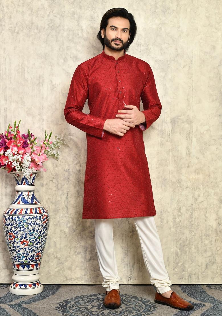 Maroon Solid Silk Kurta Set For Men