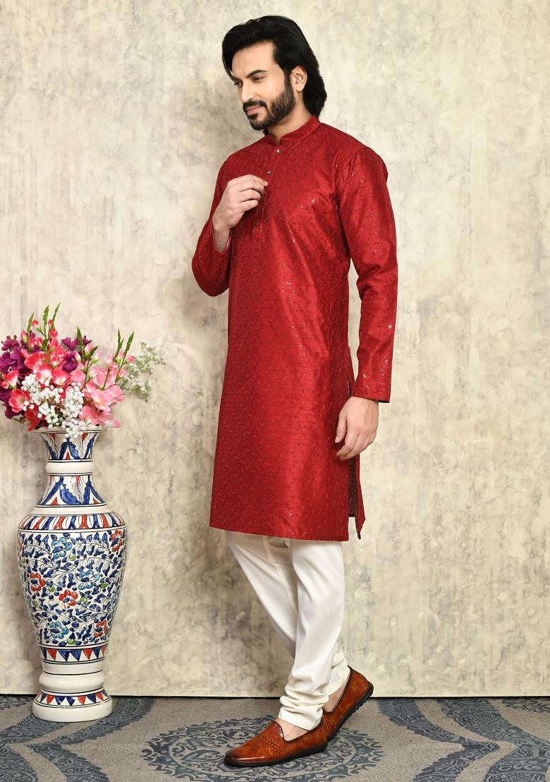 Maroon Solid Silk Kurta Set For Men