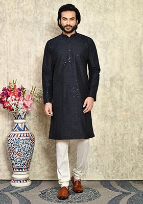 Blue Solid Silk Kurta Set For Men