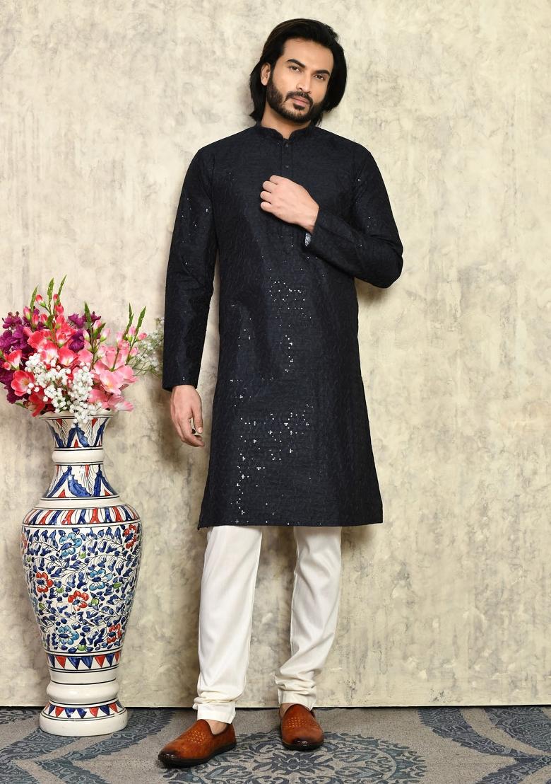 Blue Solid Silk Kurta Set For Men