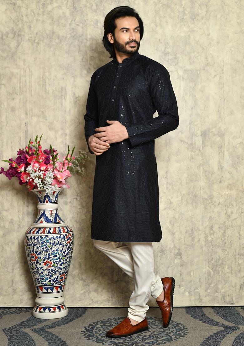 Blue Solid Silk Kurta Set For Men