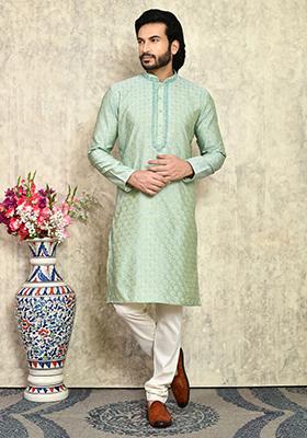 Pista Green Embroidered Silk Kurta Set For Men