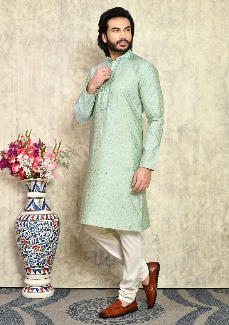Pista Green Embroidered Silk Kurta Set For Men