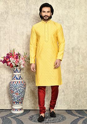 Yellow Embroidered Silk Kurta Set For Men