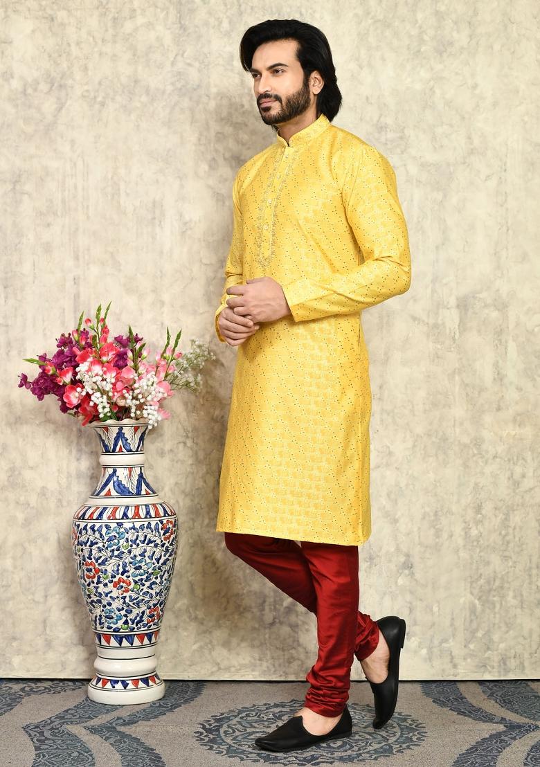 Yellow Embroidered Silk Kurta Set For Men