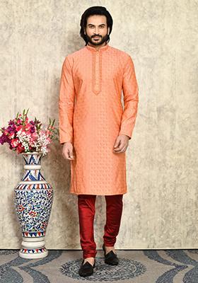 Rust Embroidered Silk Kurta Set For Men