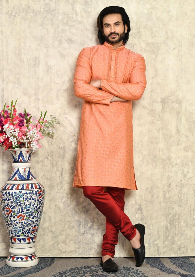 Rust Embroidered Silk Kurta Set For Men