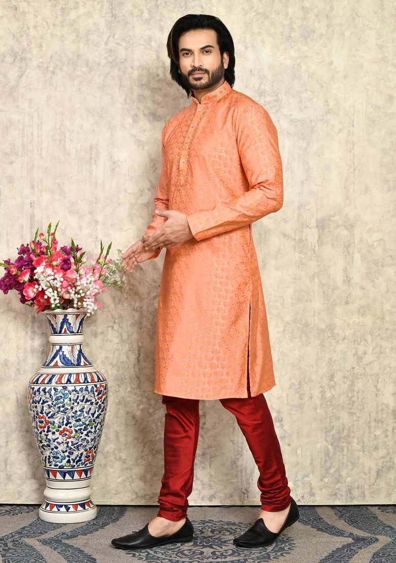 Rust Embroidered Silk Kurta Set For Men