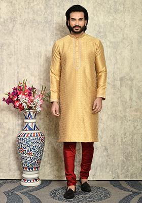 Gold Embroidered Silk Kurta Set For Men