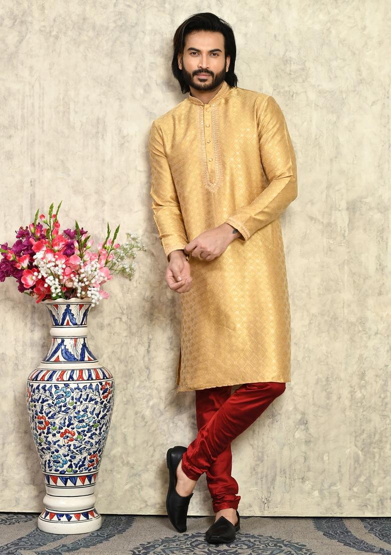 Gold Embroidered Silk Kurta Set For Men