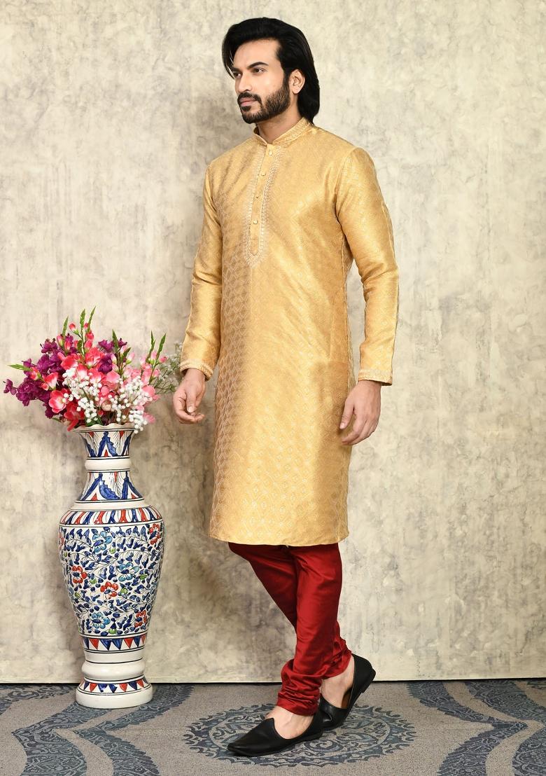 Gold Embroidered Silk Kurta Set For Men