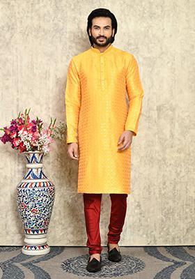 Yellow Embroidered Silk Kurta Set For Men