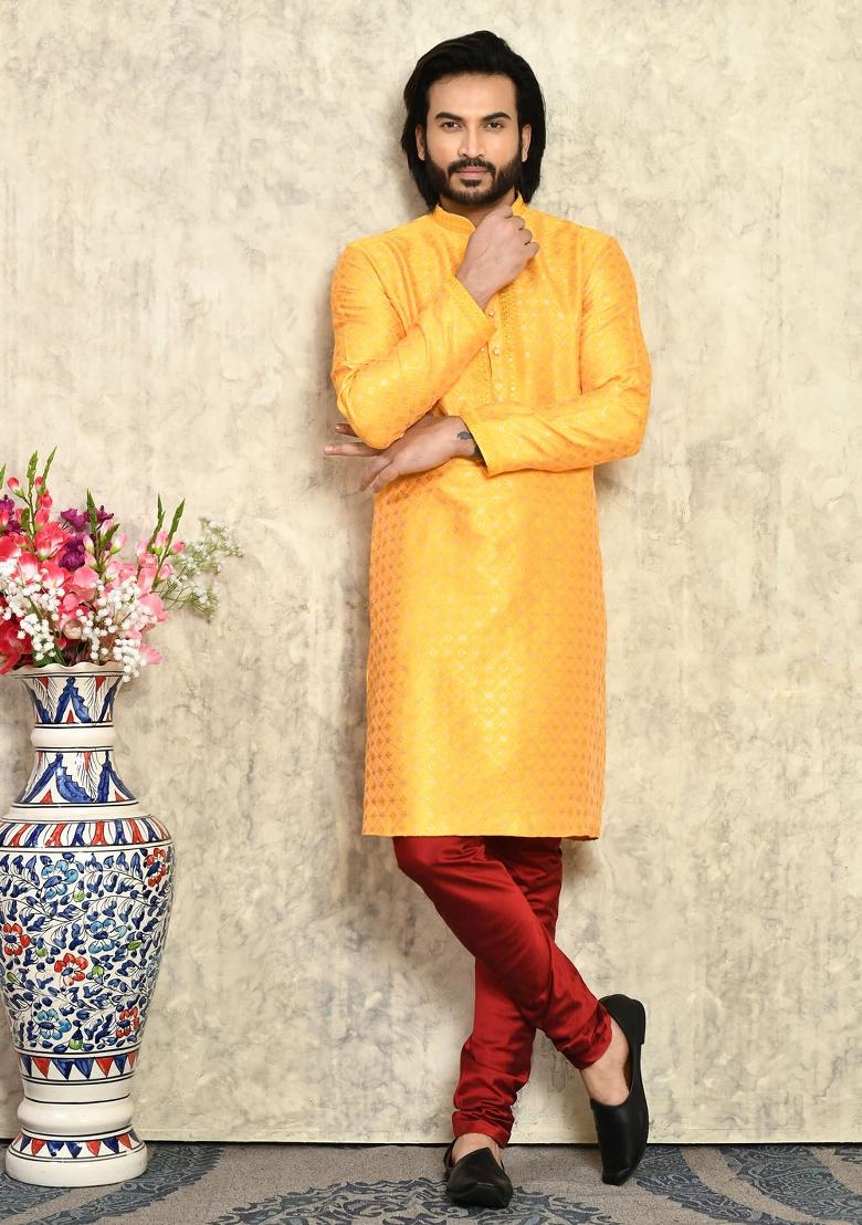 Yellow Embroidered Silk Kurta Set For Men