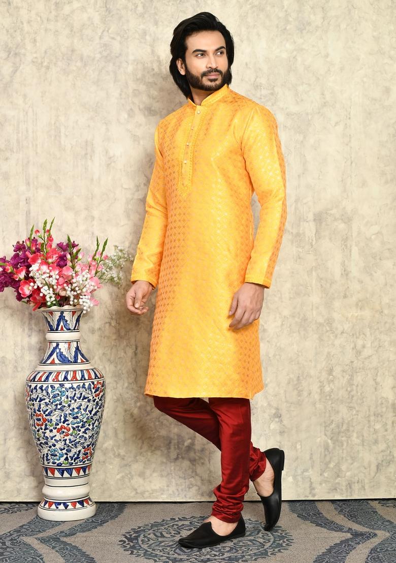 Yellow Embroidered Silk Kurta Set For Men