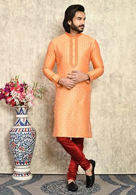 Rust Embroidered Silk Kurta Set For Men