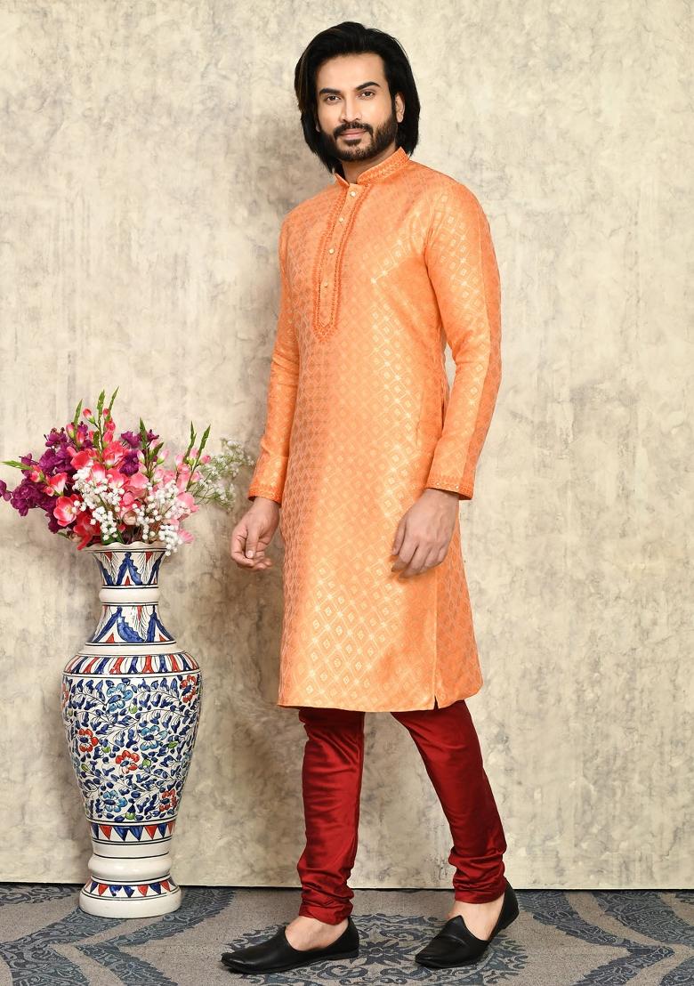 Rust Embroidered Silk Kurta Set For Men