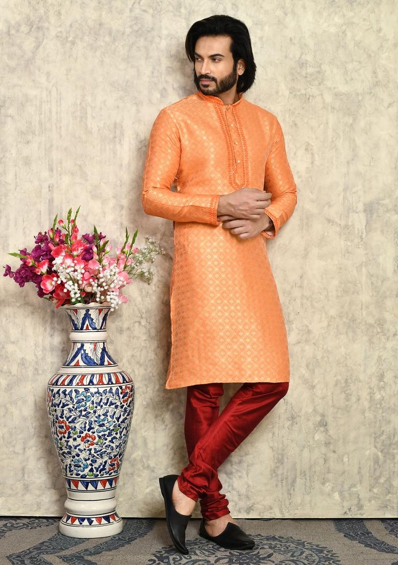 Rust Embroidered Silk Kurta Set For Men