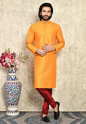 Yellow Solid Silk Kurta Set For Men