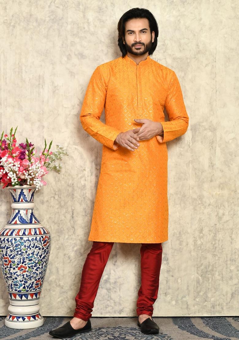 Yellow Solid Silk Kurta Set For Men