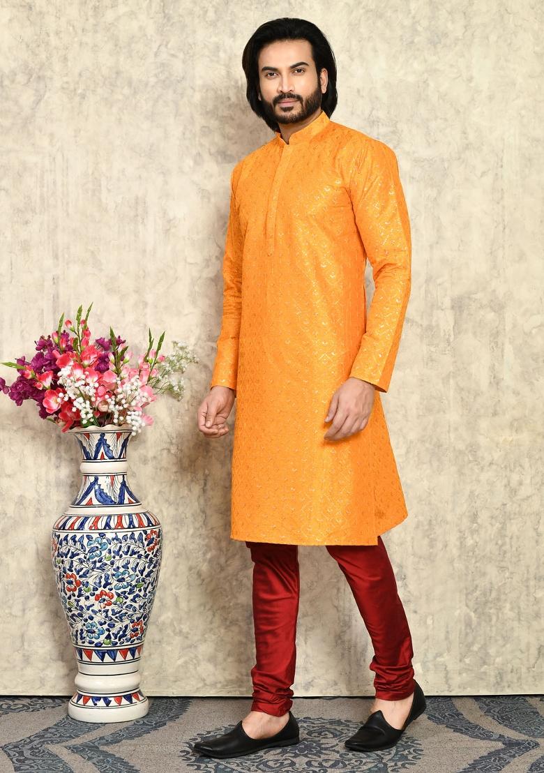 Yellow Solid Silk Kurta Set For Men