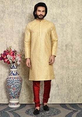 Gold Solid Silk Kurta Set For Men