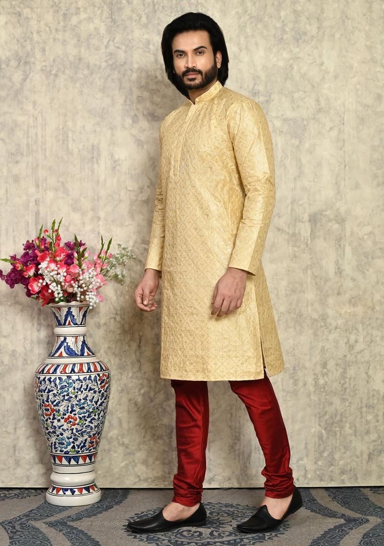 Gold Solid Silk Kurta Set For Men