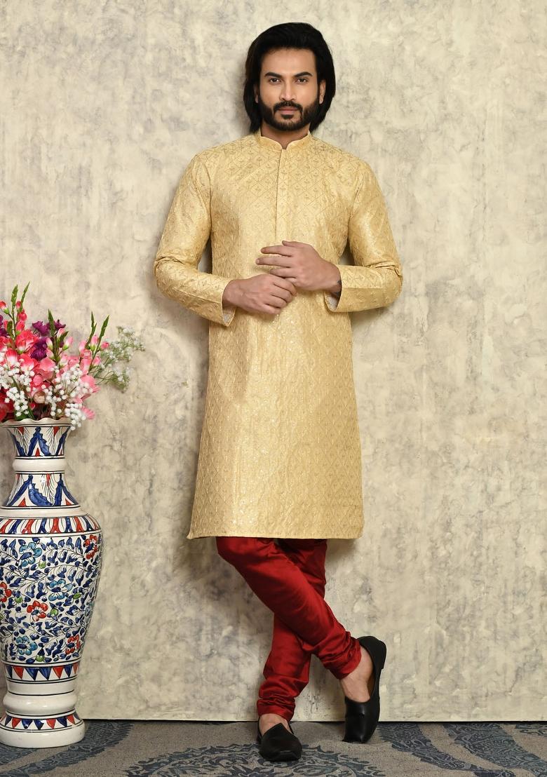 Gold Solid Silk Kurta Set For Men