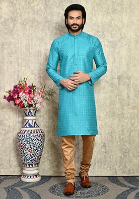 Turquoise Blue Solid Silk Kurta Set For Men