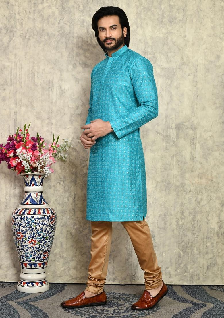 Turquoise Blue Solid Silk Kurta Set For Men
