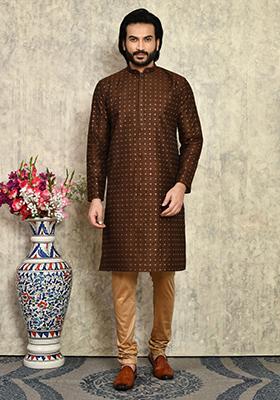 Chocolate Brown Solid Silk Kurta Set For Men