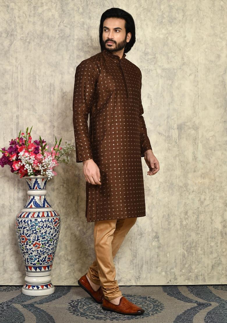Chocolate Brown Solid Silk Kurta Set For Men