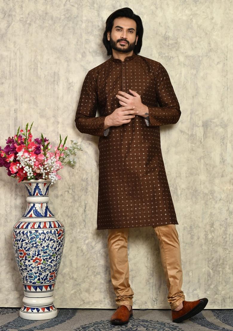 Chocolate Brown Solid Silk Kurta Set For Men