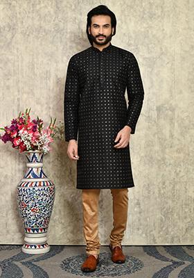 Black Solid Silk Kurta Set For Men