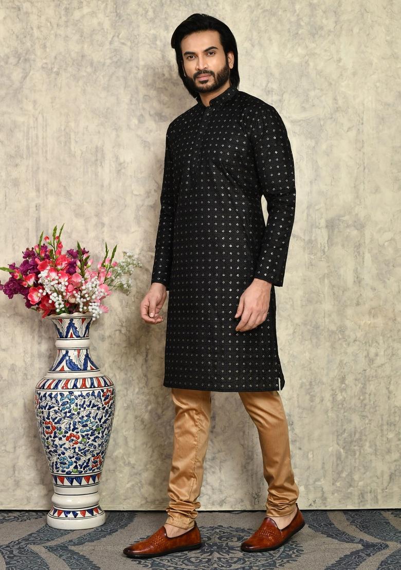 Black Solid Silk Kurta Set For Men