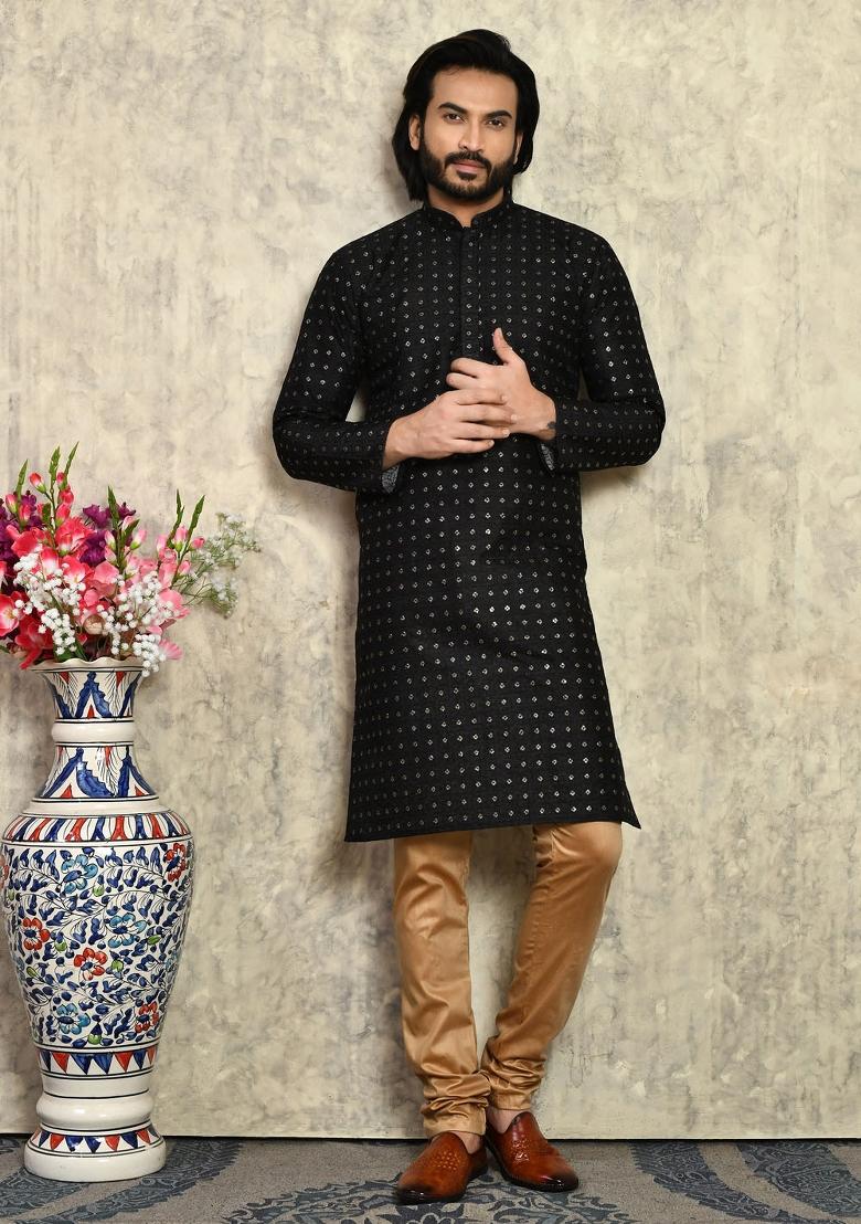 Black Solid Silk Kurta Set For Men