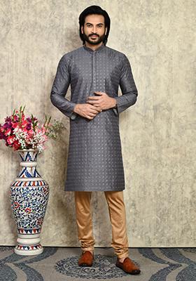Grey Solid Silk Kurta Set For Men