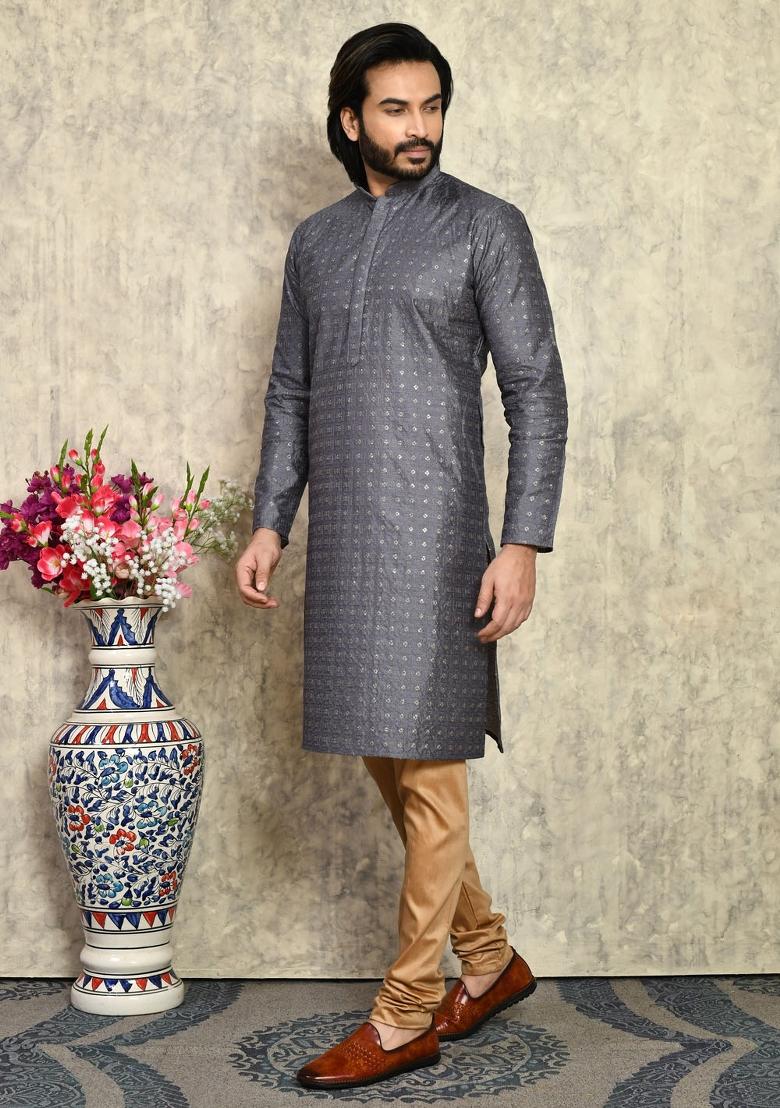 Grey Solid Silk Kurta Set For Men