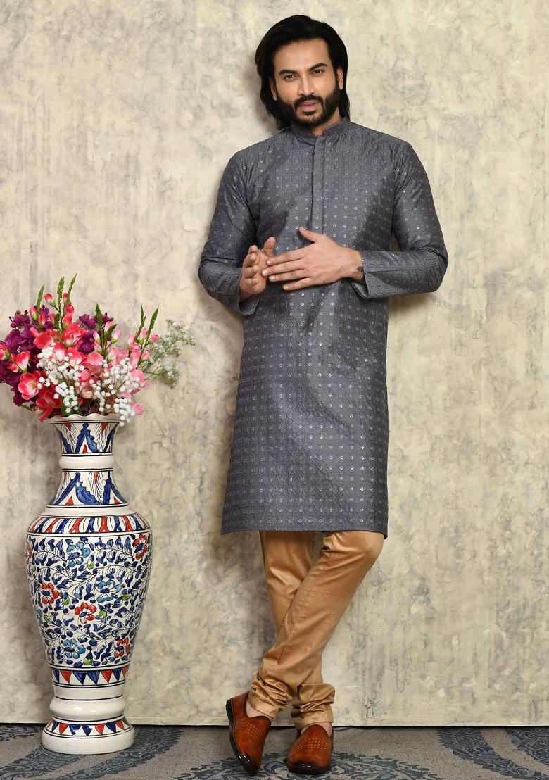 Grey Solid Silk Kurta Set For Men