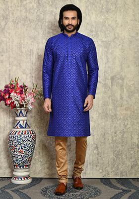Blue Solid Silk Kurta Set For Men