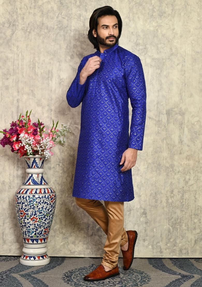 Blue Solid Silk Kurta Set For Men