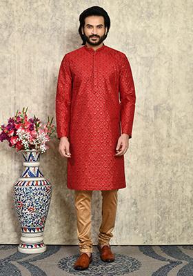 Maroon Solid Silk Kurta Set For Men
